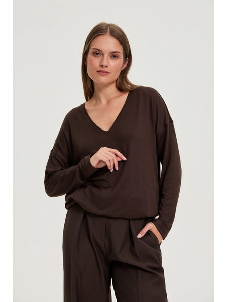 Moodo Суитшърт с V-образно деколте кафяв Moodo