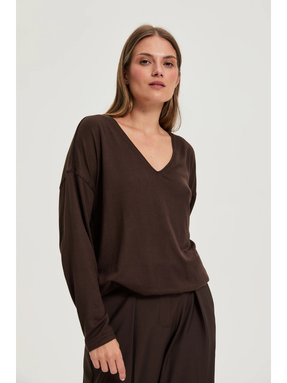 Moodo Суитшърт с V-образно деколте кафяв Moodo