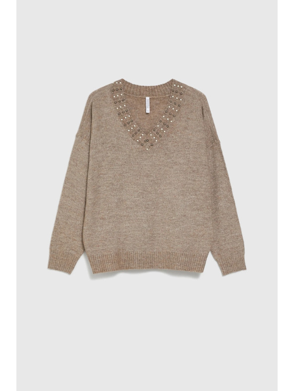 Moodo Кафяв суитшърт с декоративно деколте Moodo