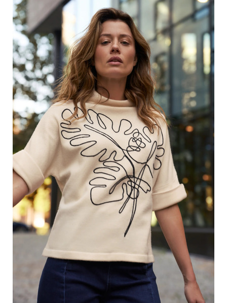 Moodo Бежов суитшърт с апликация и къси ръкави Moodo