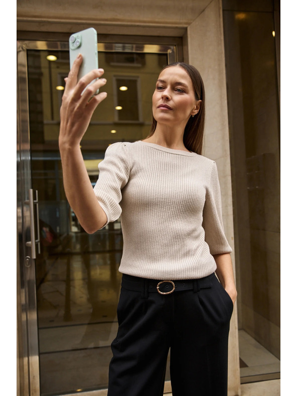 Moodo Ребрест суитшърт с обемни ръкави бежов Moodo