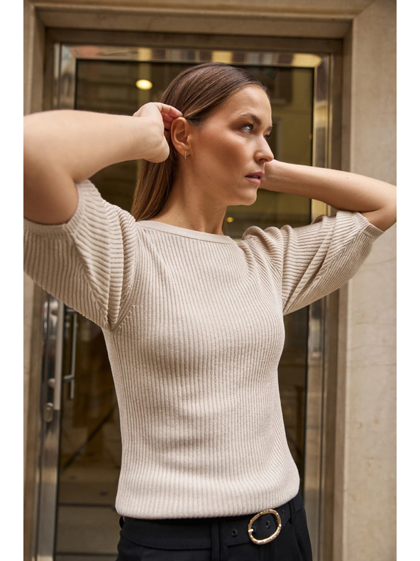 Moodo Ребрест суитшърт с обемни ръкави бежов Moodo