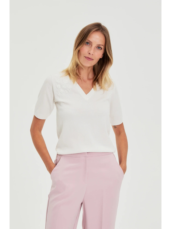 Moodo Бял суитшърт с къси ръкави и V-образно деколте Moodo