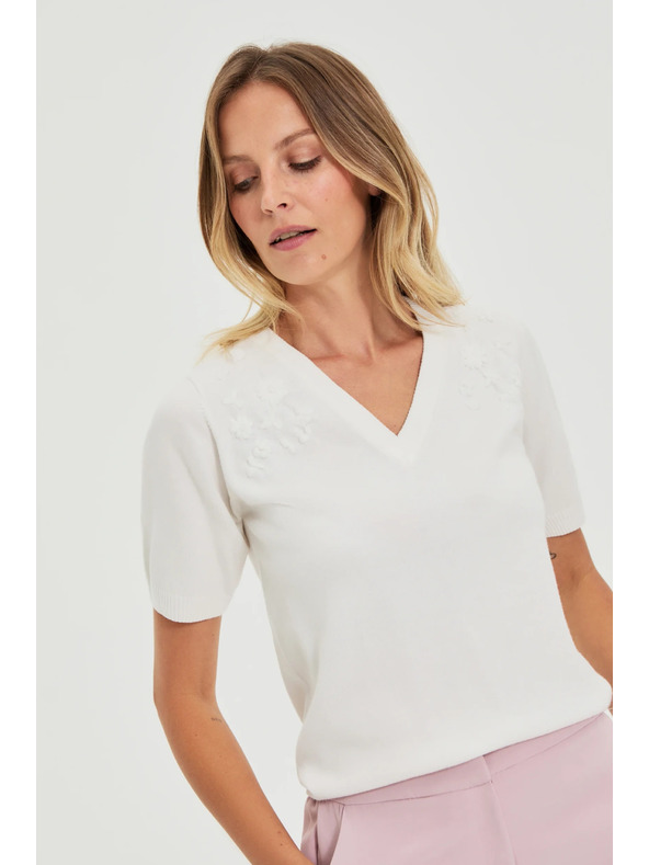 Moodo Бял суитшърт с къси ръкави и V-образно деколте Moodo