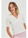 Moodo Бял суитшърт с къси ръкави и V-образно деколте Moodo