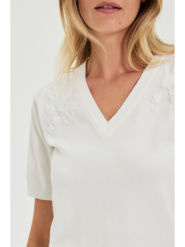 Moodo Бял суитшърт с къси ръкави и V-образно деколте Moodo