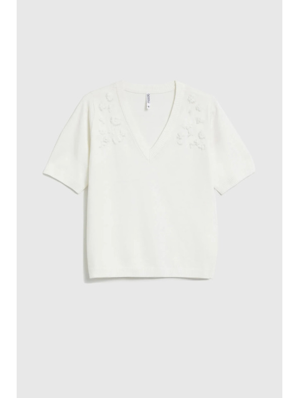 Moodo Бял суитшърт с къси ръкави и V-образно деколте Moodo