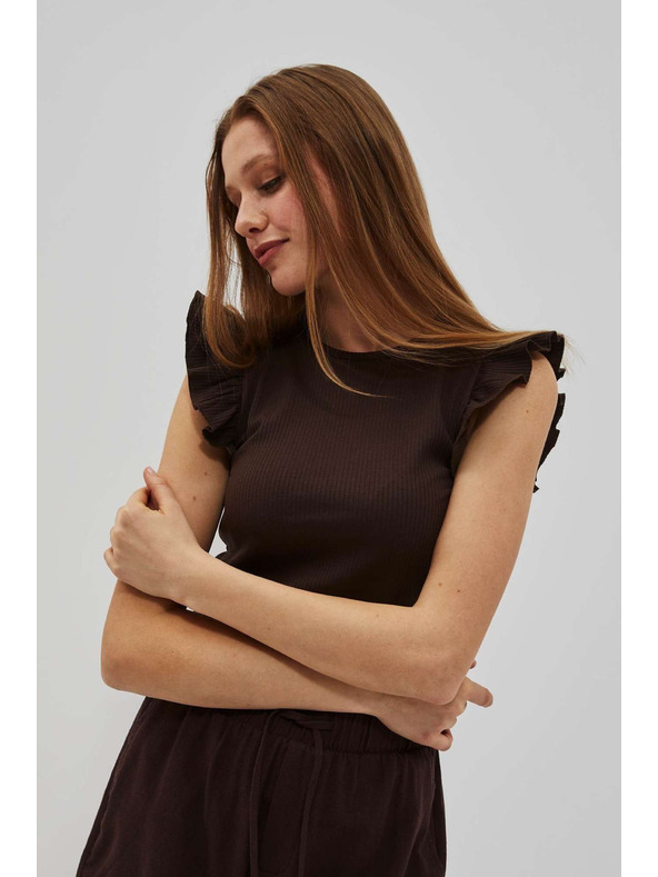 Moodo Тъмнокафява блуза с волани на раменете Moodo