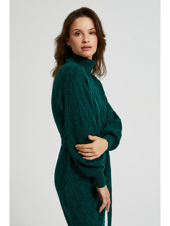 Moodo Зелени плетени рокли с поло яка и обемни ръкави Moodo