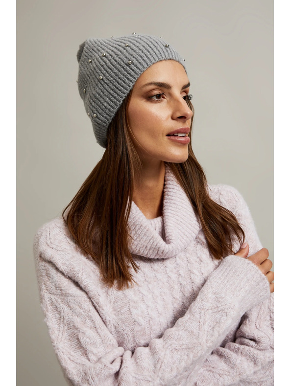 Moodo Ребрестa шапка с перли в сиво Moodo