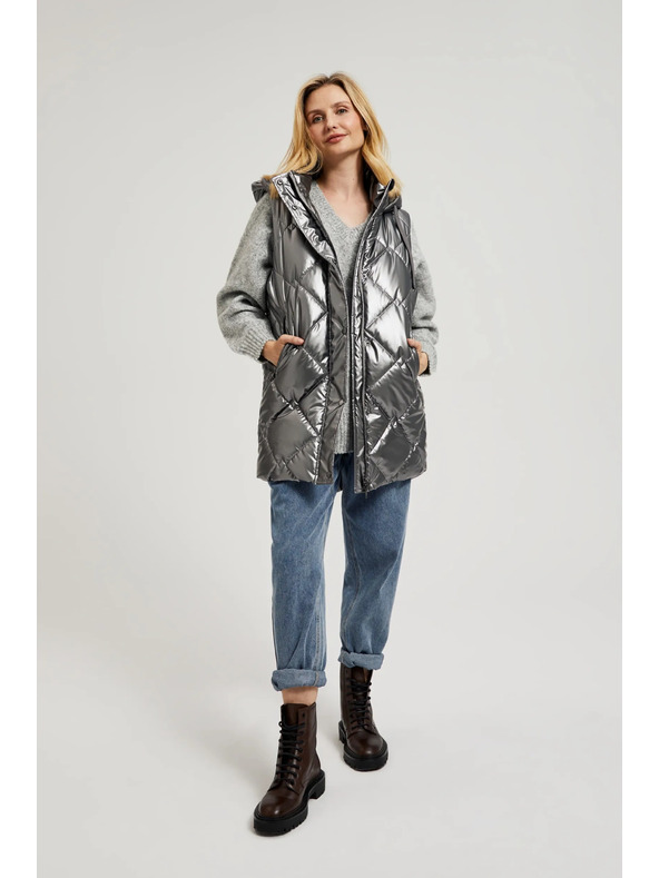 Moodo Стеган елек с качулка в сребристо Moodo