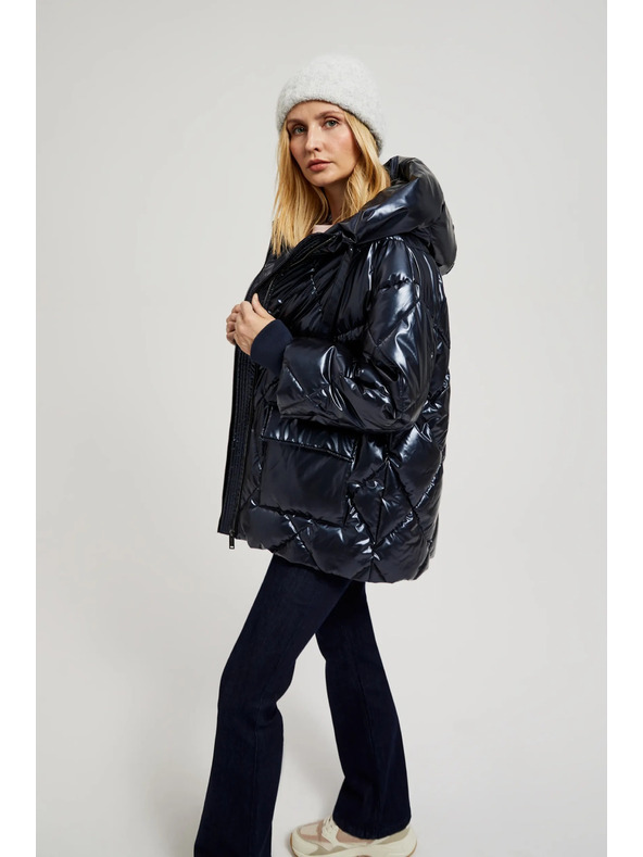 Moodo Металическо стегнато яке с качулка в тъмно синьо Moodo