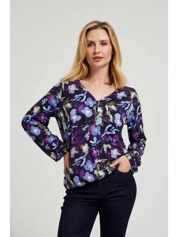 Moodo Тъмносиня флорална блуза с V-образно деколте Moodo