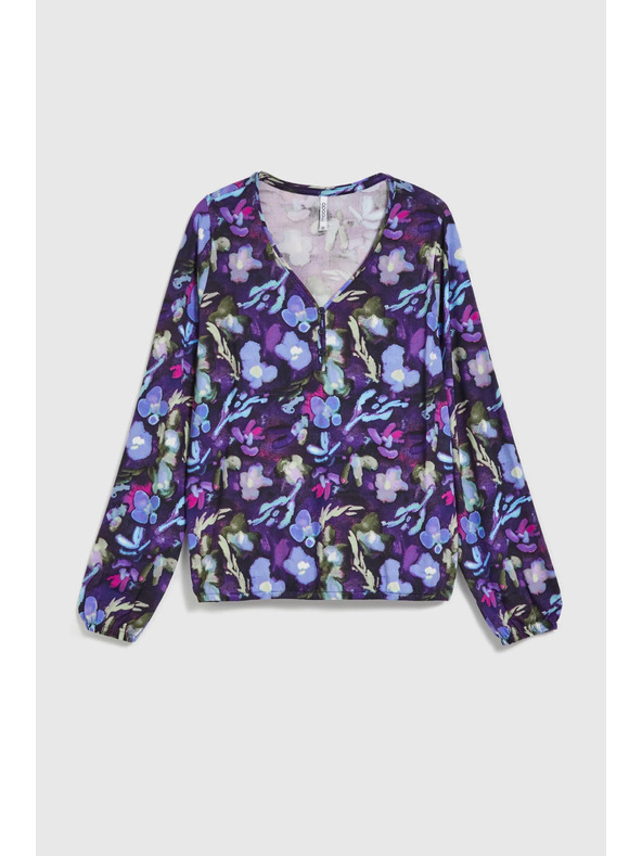 Moodo Тъмносиня флорална блуза с V-образно деколте Moodo