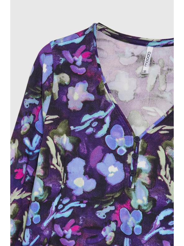 Moodo Тъмносиня флорална блуза с V-образно деколте Moodo