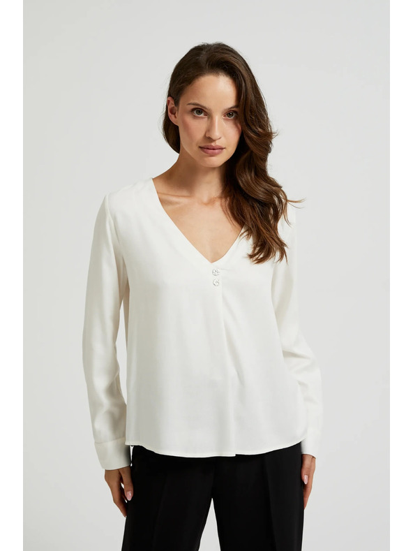 Moodo Бяла риза с V-образно деколте и декоративни копчета Moodo