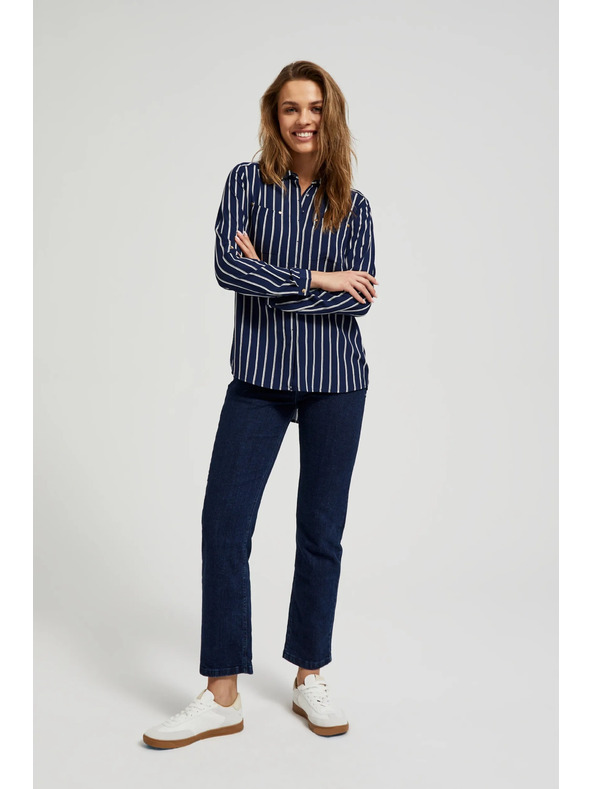 Moodo Тъмносиня райета риза с джобове Moodo