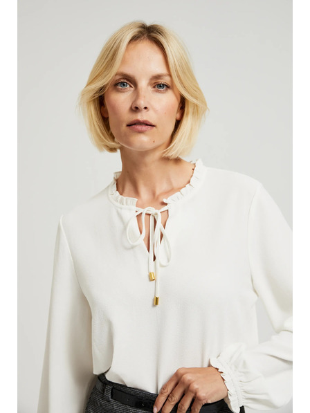 Moodo Бяла блуза с връзване на деколтето и надиплени ръкави Moodo