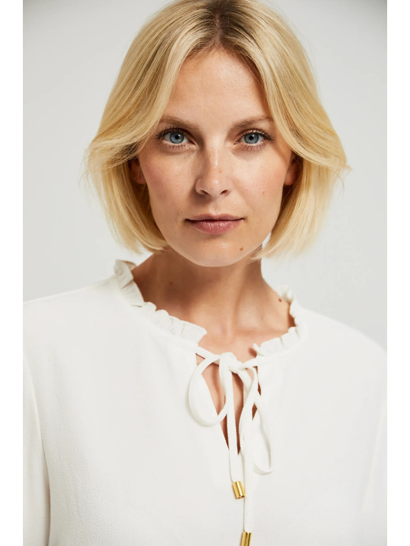 Moodo Бяла блуза с връзване на деколтето и надиплени ръкави Moodo