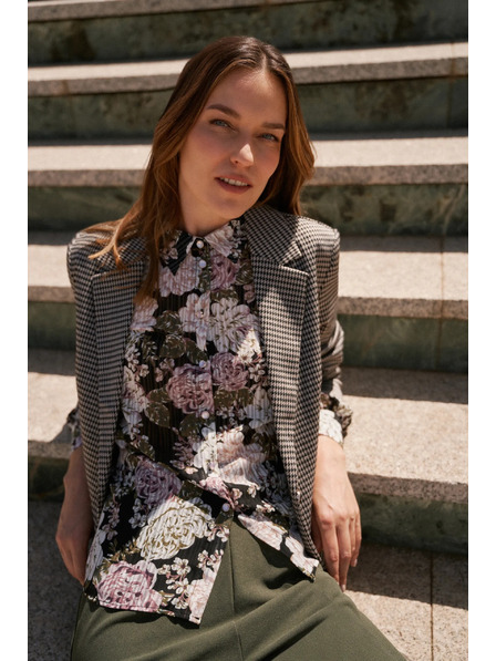 Moodo Плисирана черна риза с цветален принт и балонни ръкави Moodo