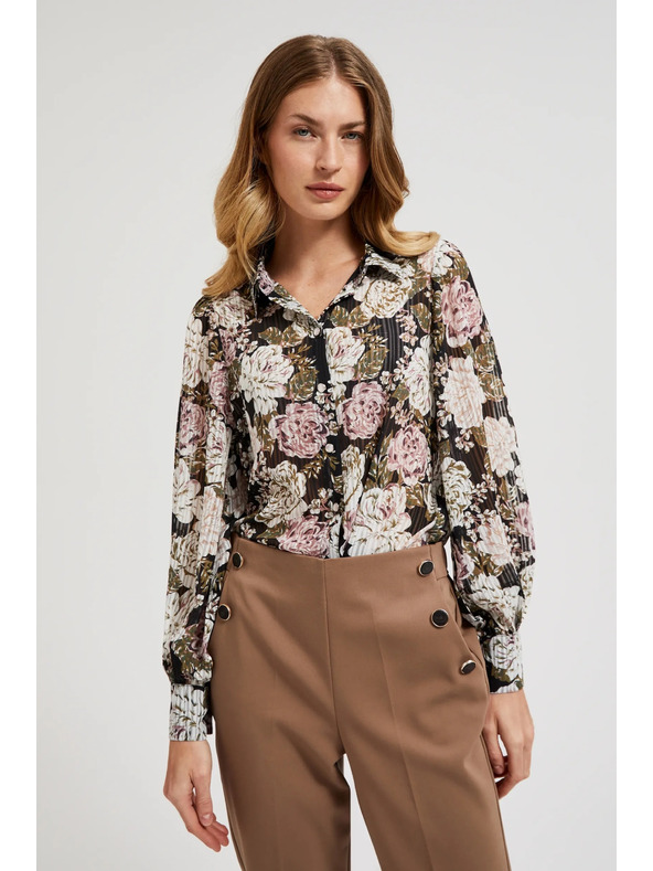 Moodo Плисирана черна риза с цветален принт и балонни ръкави Moodo