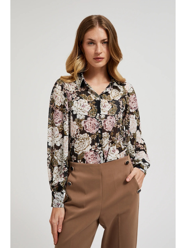 Moodo Плисирана черна риза с цветален принт и балонни ръкави Moodo