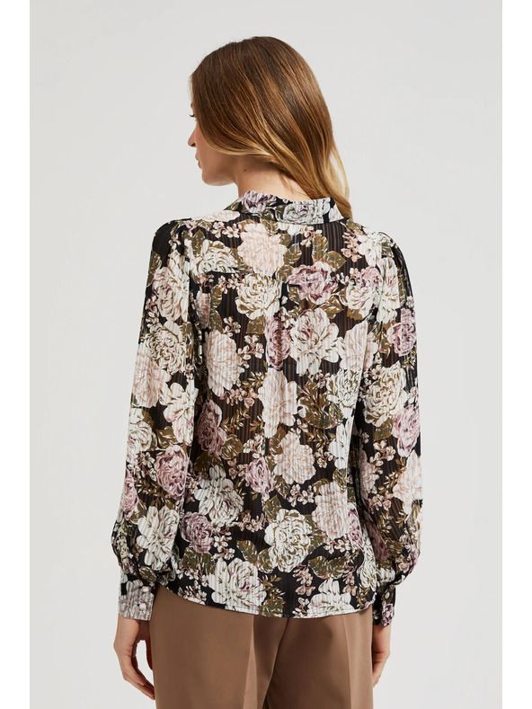 Moodo Плисирана черна риза с цветален принт и балонни ръкави Moodo
