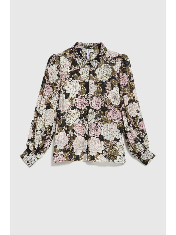 Moodo Плисирана черна риза с цветален принт и балонни ръкави Moodo