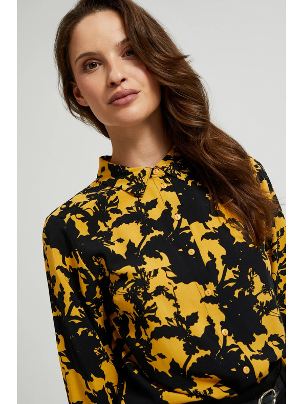 Moodo Вискозна риза с принт и яка жълта Moodo