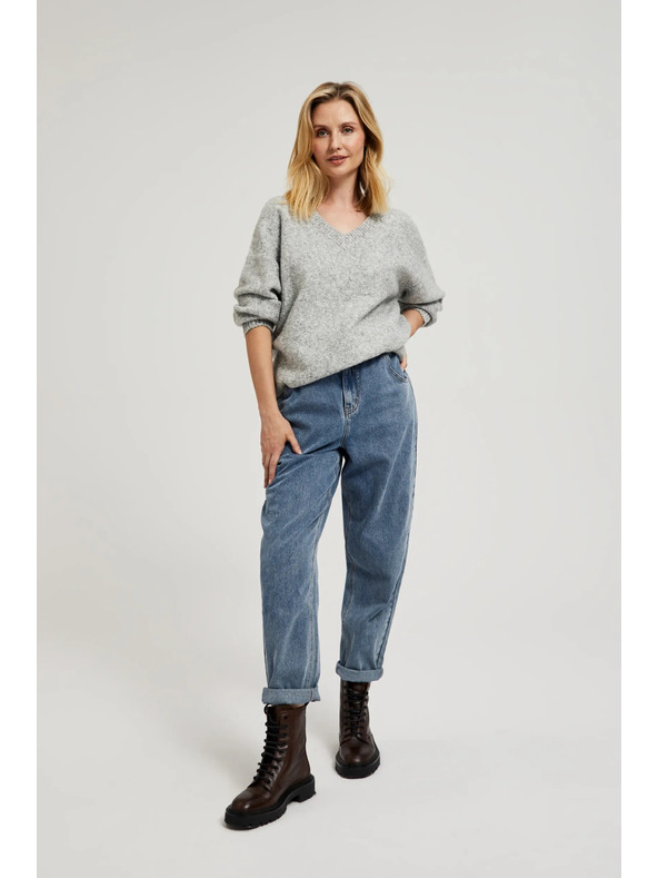 Moodo Гладък суитшърт с V-образно деколте и ребрено плетиво в сиво Moodo