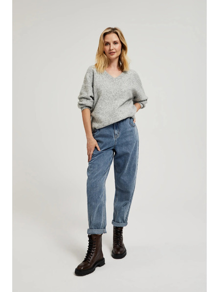 Moodo Гладък суитшърт с V-образно деколте и ребрено плетиво в сиво Moodo