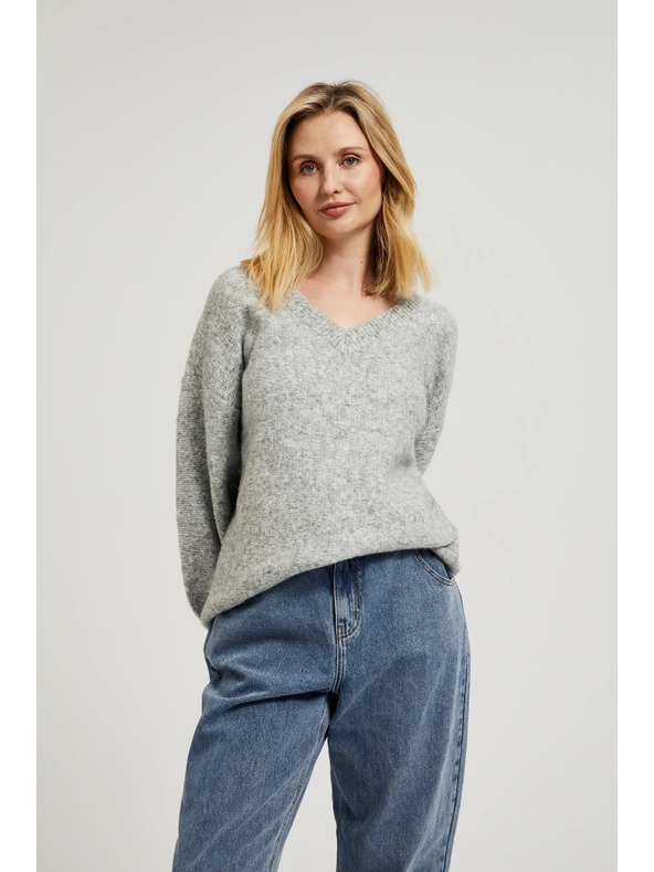 Moodo Гладък суитшърт с V-образно деколте и ребрено плетиво в сиво Moodo