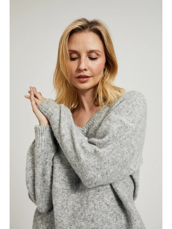 Moodo Гладък суитшърт с V-образно деколте и ребрено плетиво в сиво Moodo