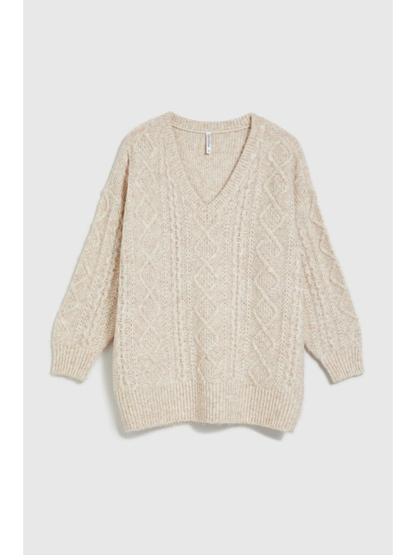 Moodo Плетен бежов суитшърт с V-образно деколте Moodo