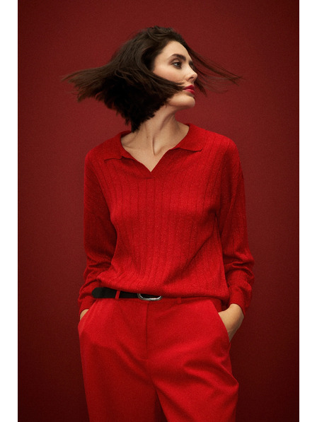 Moodo Суитшърт с яка и метализирана нишка в червено Moodo