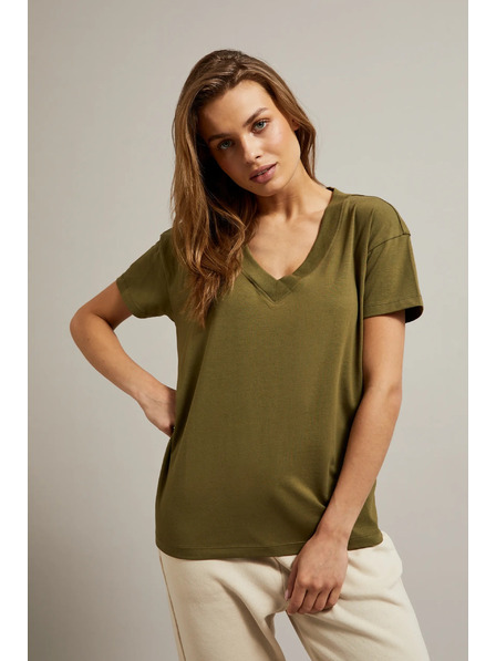 Moodo Оливена тениска с V-образно деколте Moodo