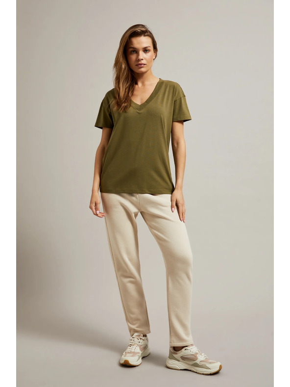 Moodo Оливена тениска с V-образно деколте Moodo
