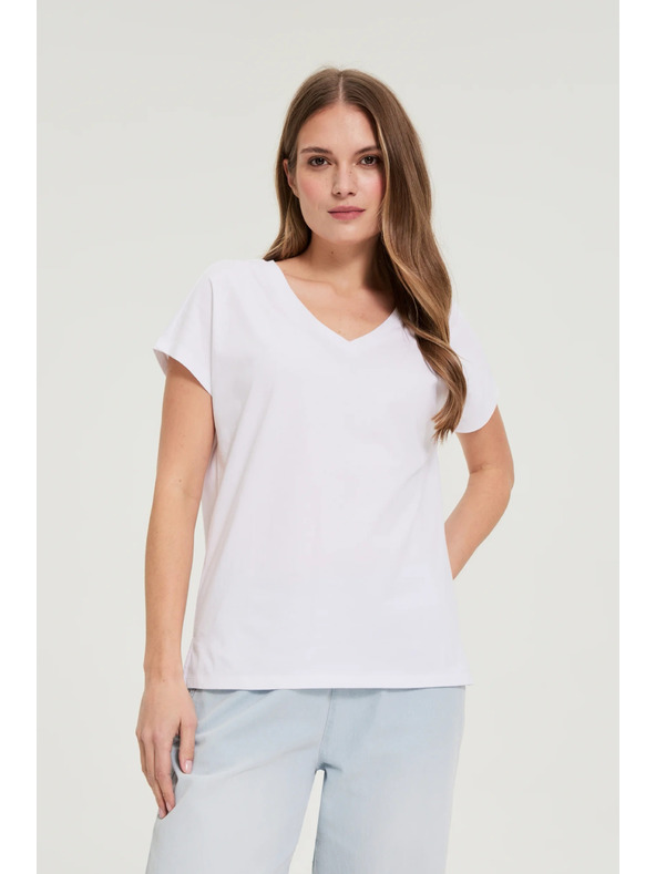 Moodo Памучна тениска с V-образно деколте бяла Moodo