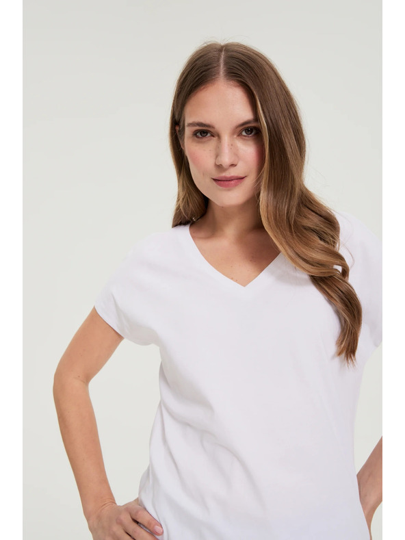 Moodo Памучна тениска с V-образно деколте бяла Moodo