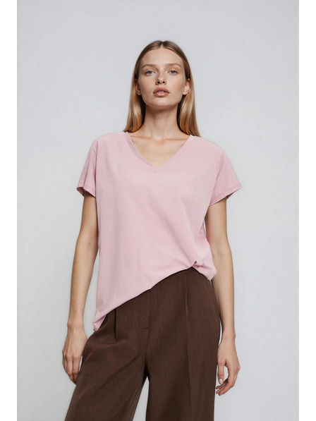 Moodo Памучна тениска с V-образно деколте светло розова Moodo