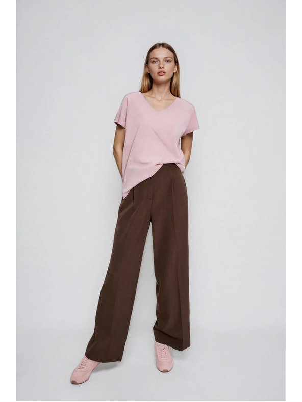 Moodo Памучна тениска с V-образно деколте светло розова Moodo