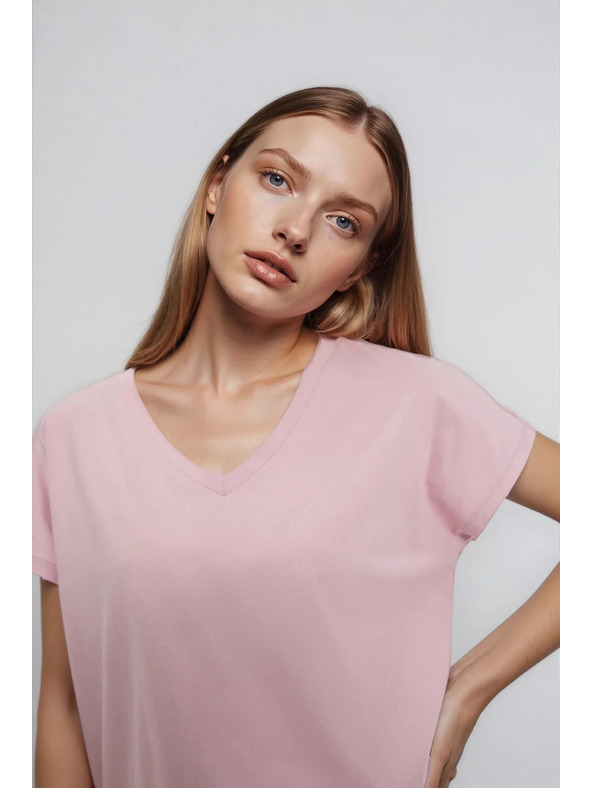 Moodo Памучна тениска с V-образно деколте светло розова Moodo