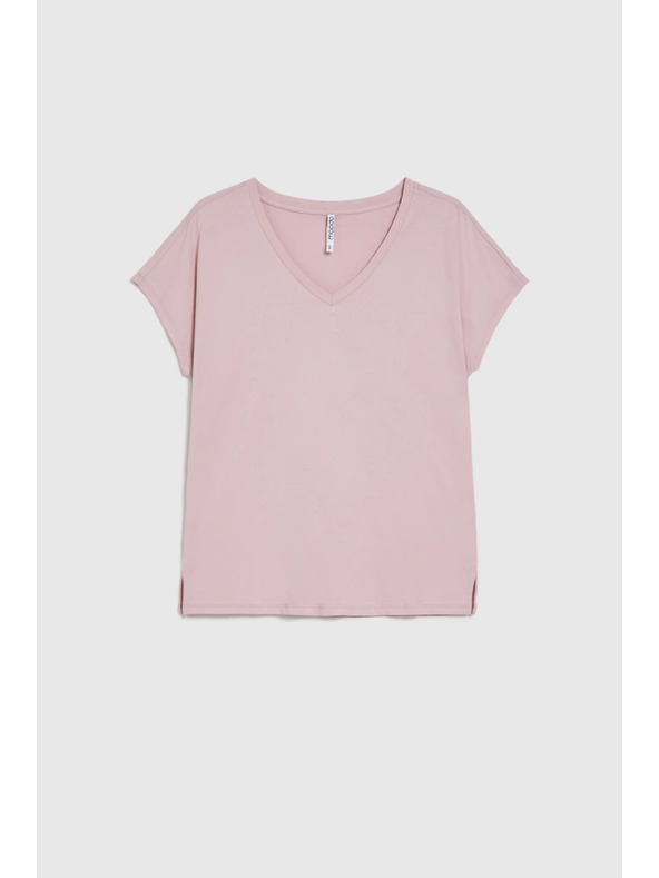 Moodo Памучна тениска с V-образно деколте светло розова Moodo