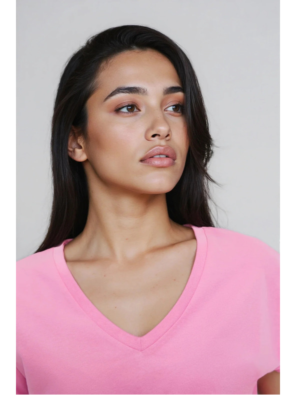 Moodo Памучна тениска с V-образно деколте розова Moodo