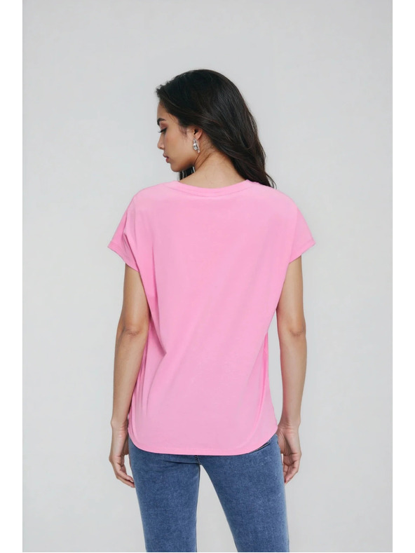 Moodo Памучна тениска с V-образно деколте розова Moodo