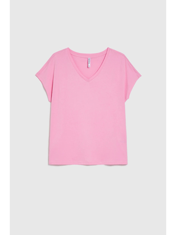 Moodo Памучна тениска с V-образно деколте розова Moodo