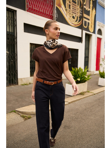 Moodo Памучна тениска с V деколте кафява Moodo