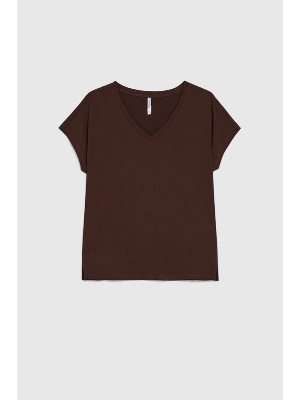 Moodo Памучна тениска с V деколте кафява Moodo