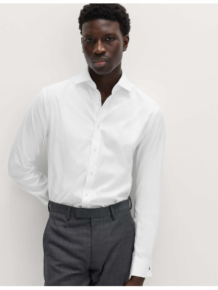 Marks & Spencer Луксозна памучна риза с двойни маншети с тясна кройка Marks & Spencer в бяло
