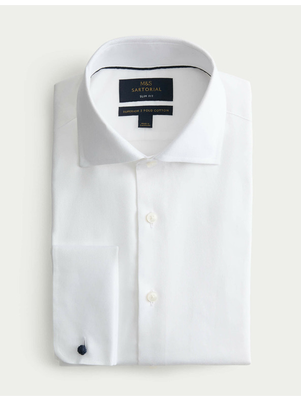 Marks & Spencer Луксозна памучна риза с двойни маншети с тясна кройка Marks & Spencer в бяло